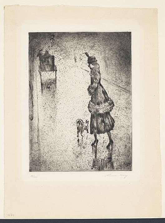 „Dame mit Pudel auf regennasser Straße (Droschke links)“